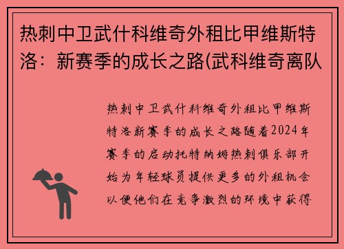 热刺中卫武什科维奇外租比甲维斯特洛：新赛季的成长之路(武科维奇离队)