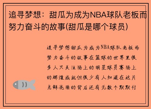 追寻梦想：甜瓜为成为NBA球队老板而努力奋斗的故事(甜瓜是哪个球员)